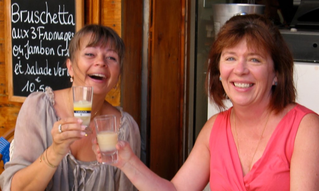Genvieve and Susan enjoying a pastis at Café Gaby