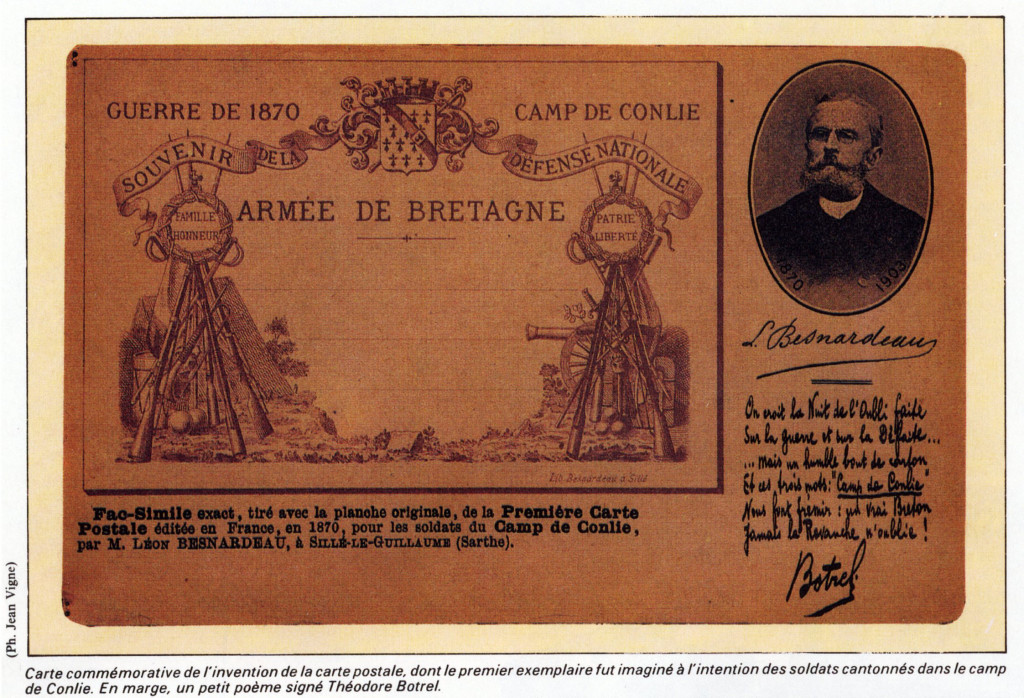 A postcard commemorating the "invention" of the postcard in France. Shown is a facsimile, pulled from the orginal printing plates, of the first postcard (published in 1870).