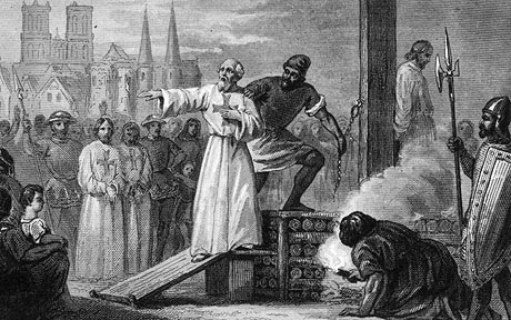 Martyr Molay...1314, Jacques de Molay (c. 1244 - 1314), the 23rd and Last GrandMaster of the Knights Templar, is lead to the stake to burn for heresy. He is shouting to Pope Clement and King Philip that they will face 'a tribunal with God' within a year. They both died soon (Photo by Hulton Archive/Getty Images)